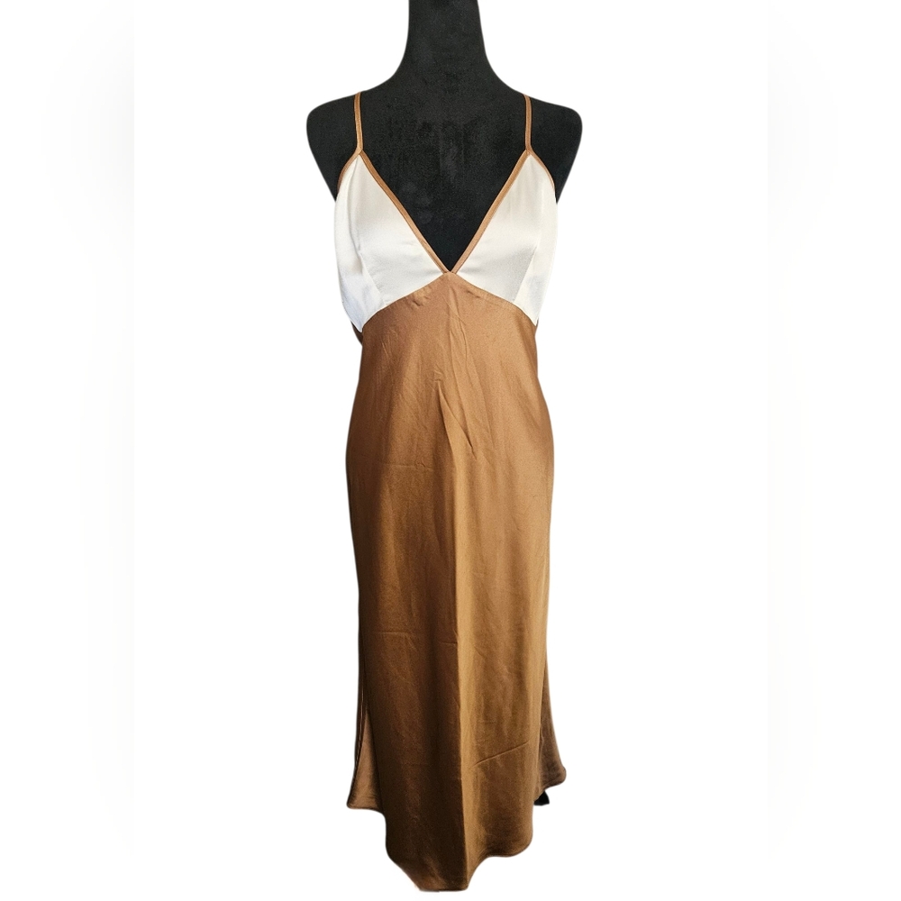 Abercrombie & Fitch Brown & Ivory Satin Slip Midi Dress Size M